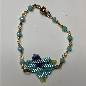Gold tone and Blue Beaded Bird Kids Bracelet 6”